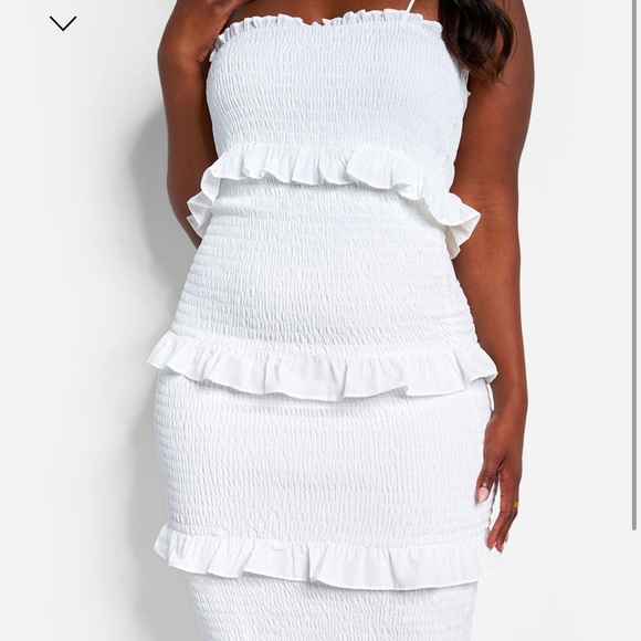 REBDOLLS After Party Smocked Layered Ruffled Midi Bodycon Dress- White - Picture 2 of 4